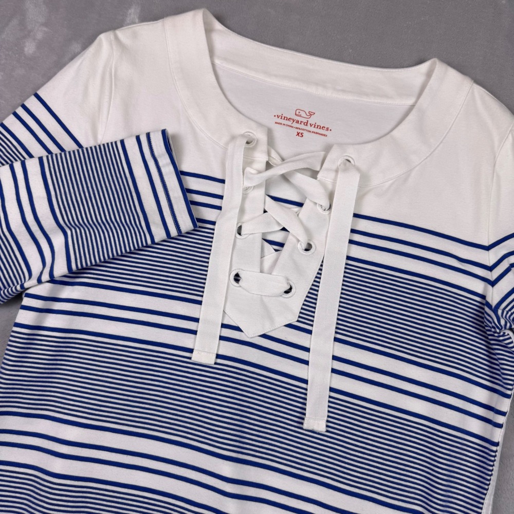 Vineyard Vines Womens XS Striped Lace Up Nautical T-Shirt Dress Navy‎ White 34in